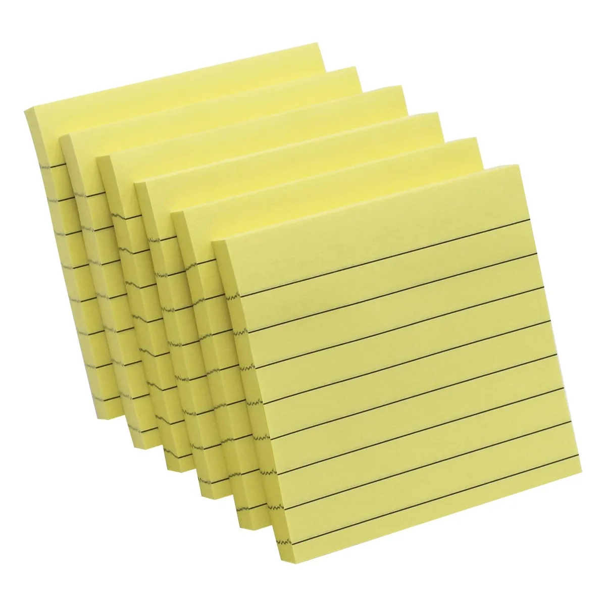 Six pads of 3x3 inch lined sticky notes in pastel yellow, 600 sheets total
