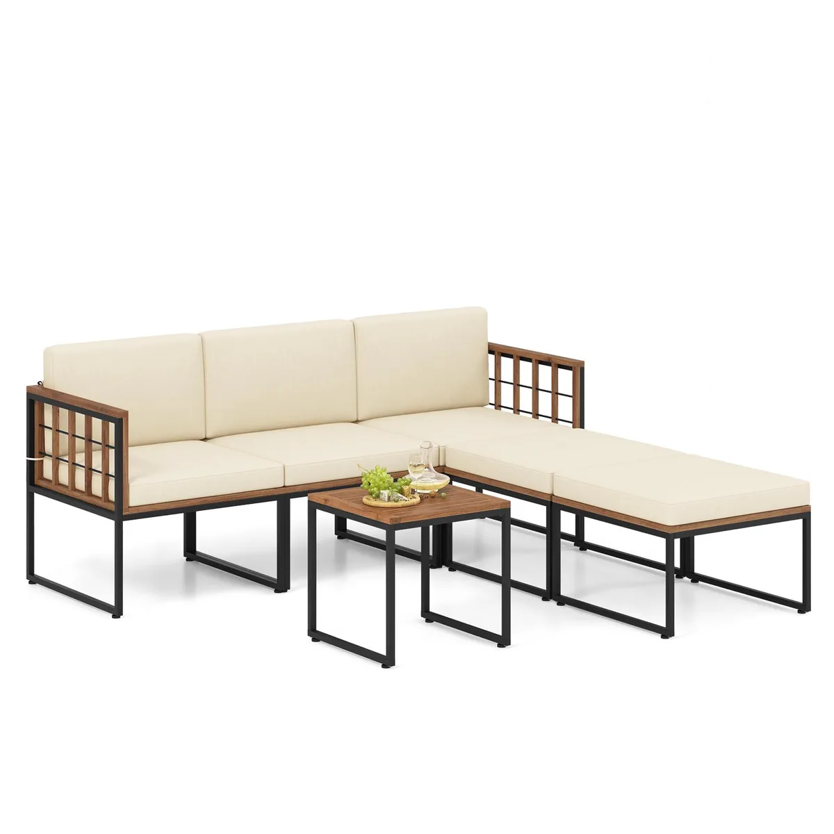 SlickBlue SlickBlue 6-Piece Acacia Wood Patio Set Beige 25" Sofas 18" Table 23" Ottomans — product photo