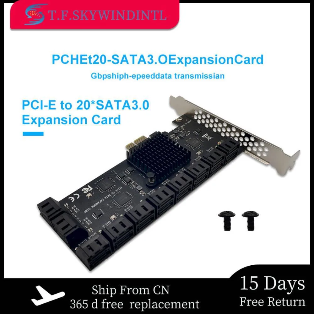 Green circuit board with twenty SATA power connectors and PCIe slot bracket
