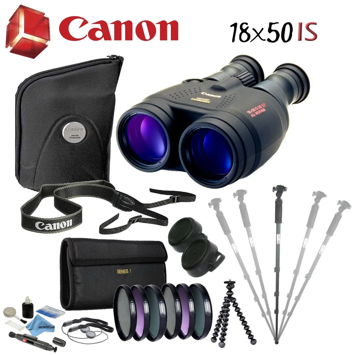Canon 18x50 IS binoculars, dark body, rubber armour, 5.9 inches long