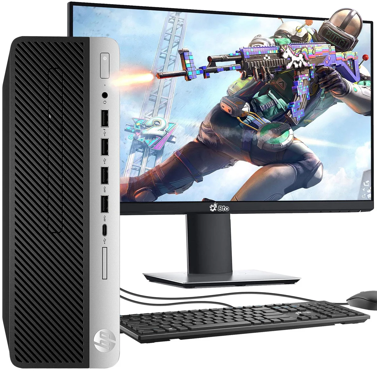 HP HP ProDesk 600 G4 desktop PC i7-9700 16GB 256GB SSD 2TB HDD GTX 1050 Ti 22" monitor Windows 11 Pro — product photo