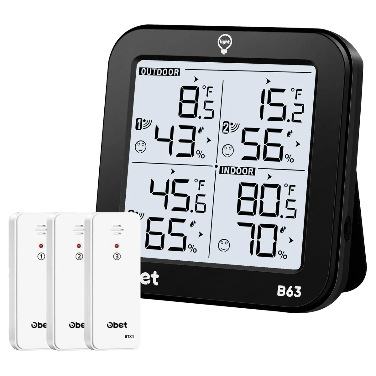 Black square wireless thermometer base with three sensors and USB cable