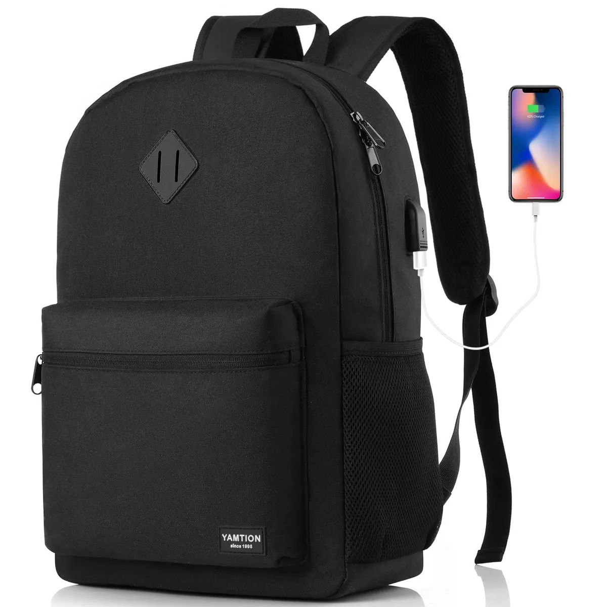 Black polyester laptop backpack with USB port, slim 25L profile, padded straps and luggage sleeve