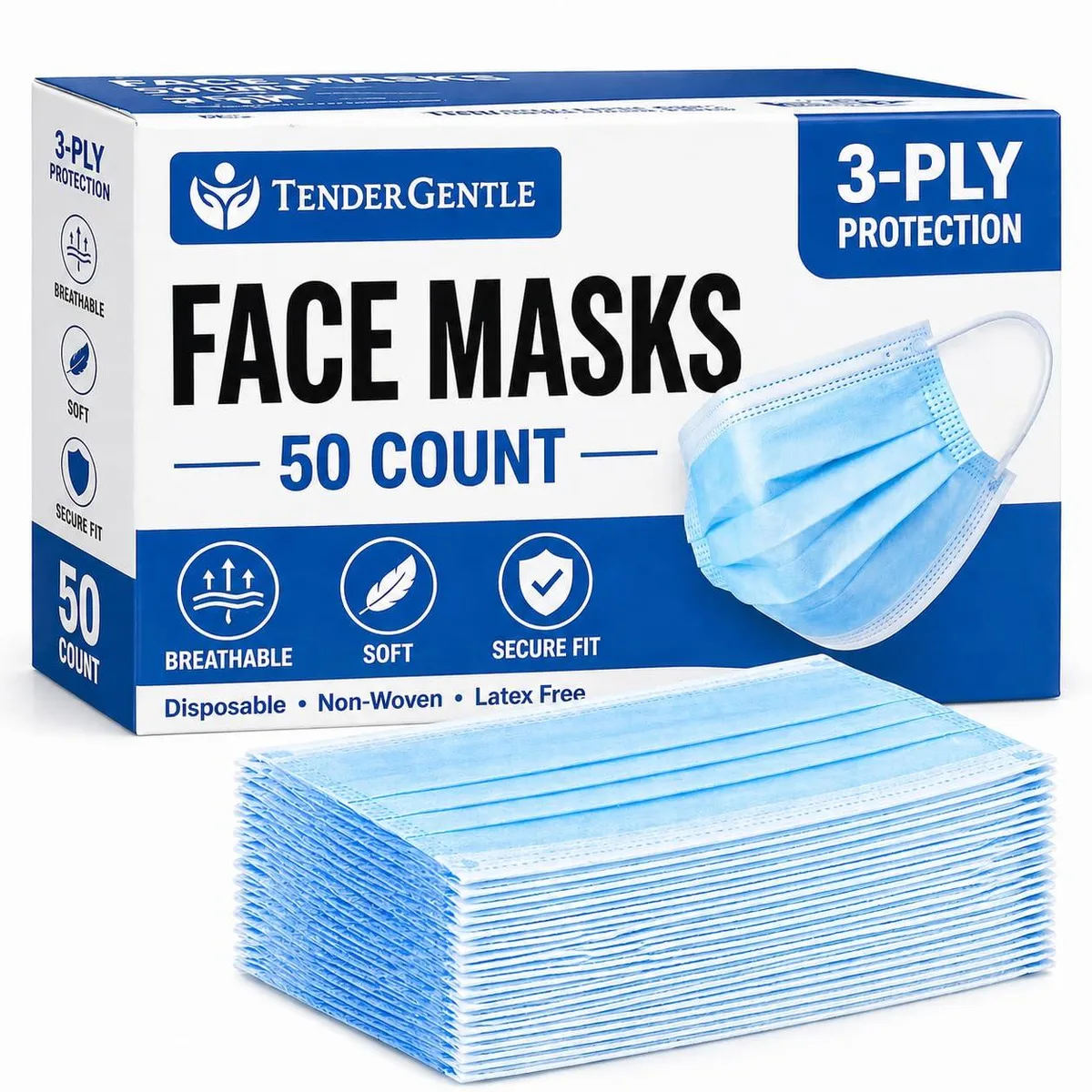  TenderGentle Disposable Face Masks 50 Pack Blue 3-Ply — product photo