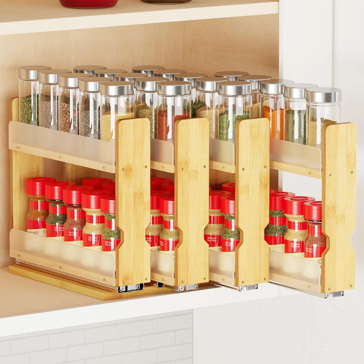 Natural bamboo two-tier pull-out spice rack with four sliding drawers