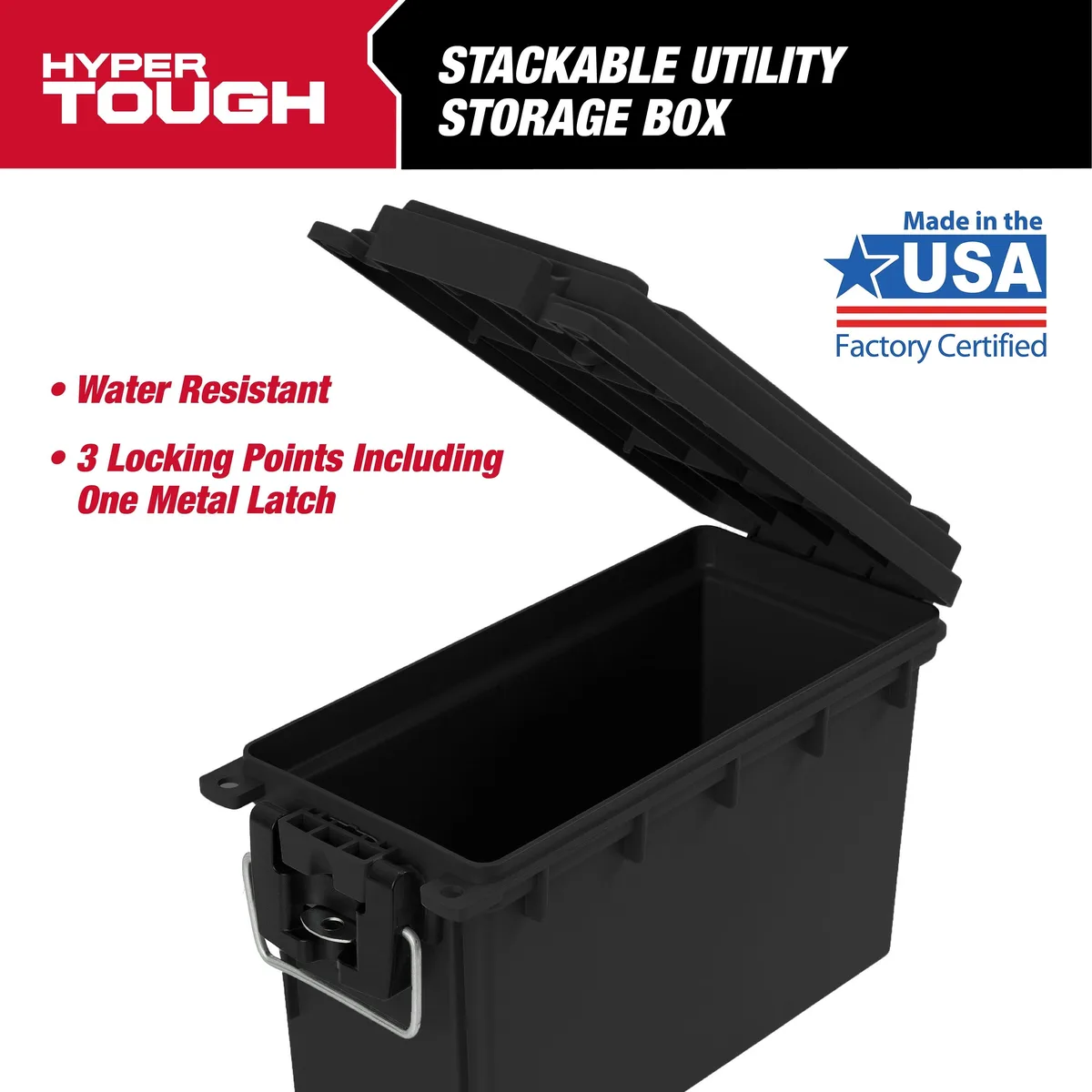 Black plastic locking tool box with handle and stackable interlocking lid, 11 x 7 x 5 in