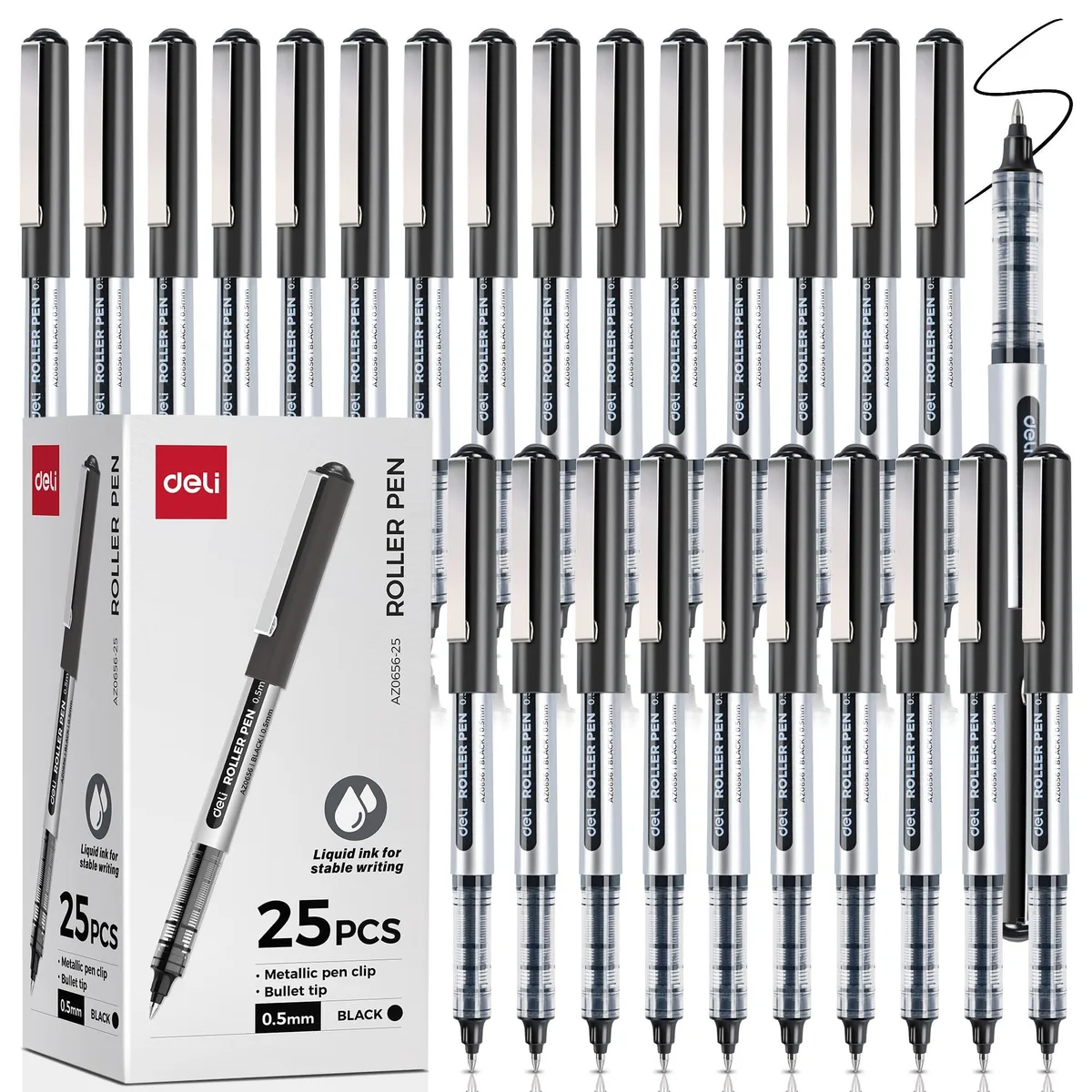 Box of 25 black rollerball pens with plastic barrels and metal clips