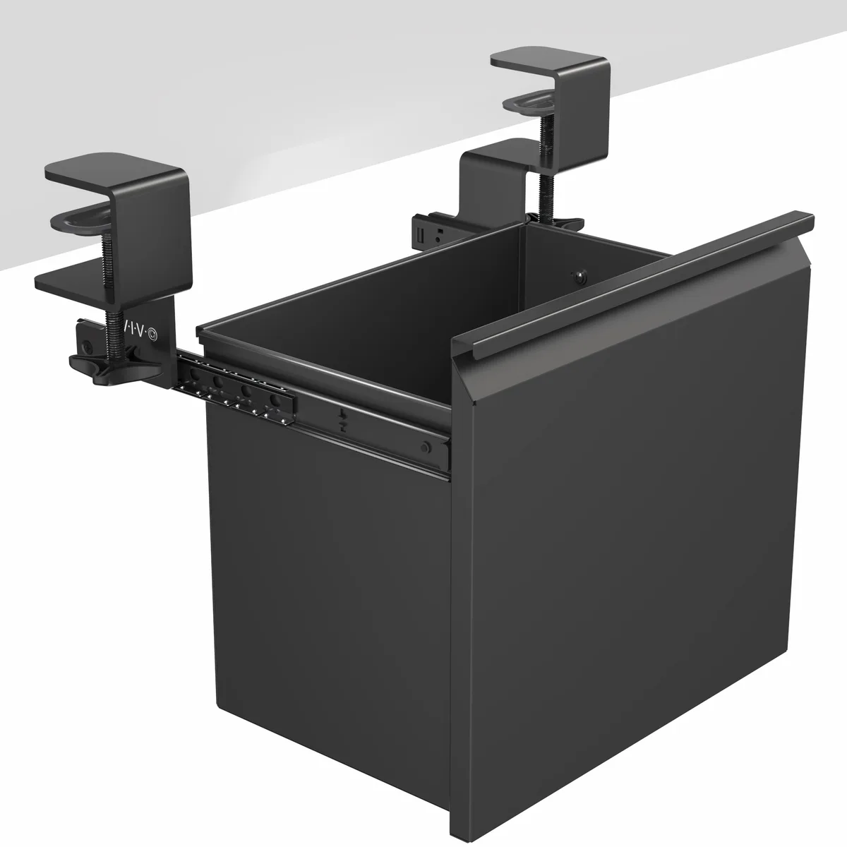 Black steel clamp-on file cabinet with sliding drawer and C-clamps