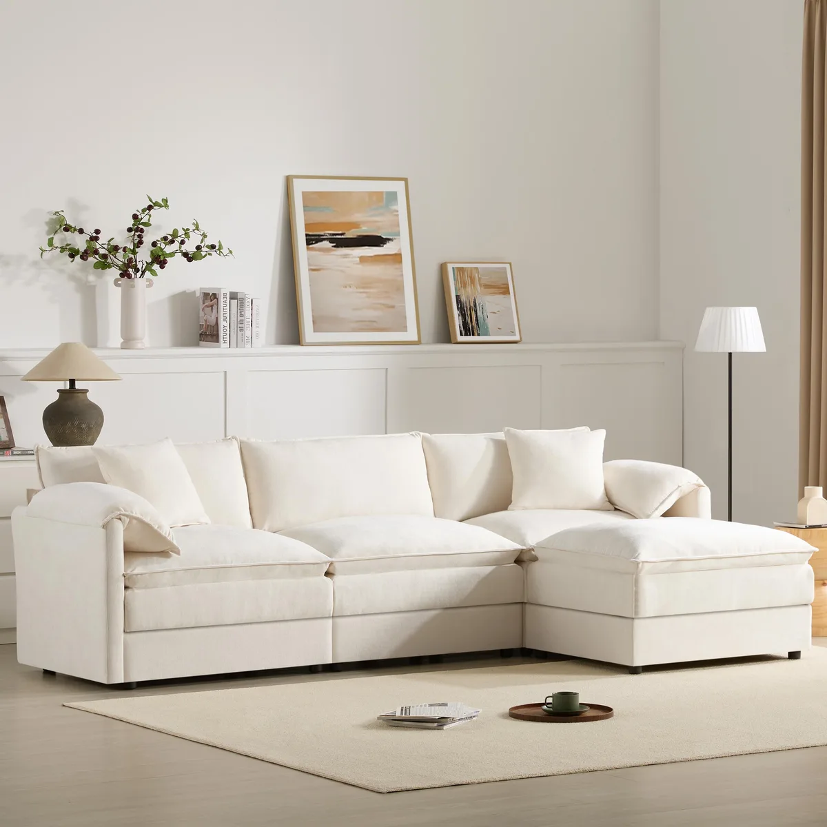 Cream chenille L-shaped modular sofa with movable ottoman