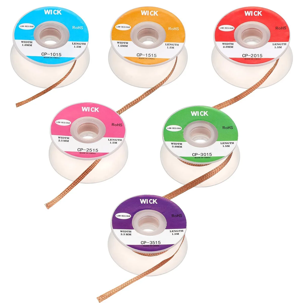 Six copper desoldering braid spools in widths from .04 to .14 inch, each 1.5 metres long, packed in a box