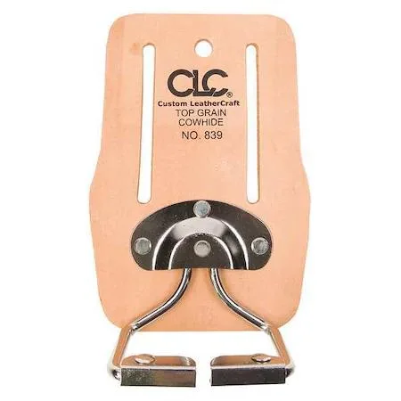 Tan leather tool holster with belt slot and snap closure, open pocket design