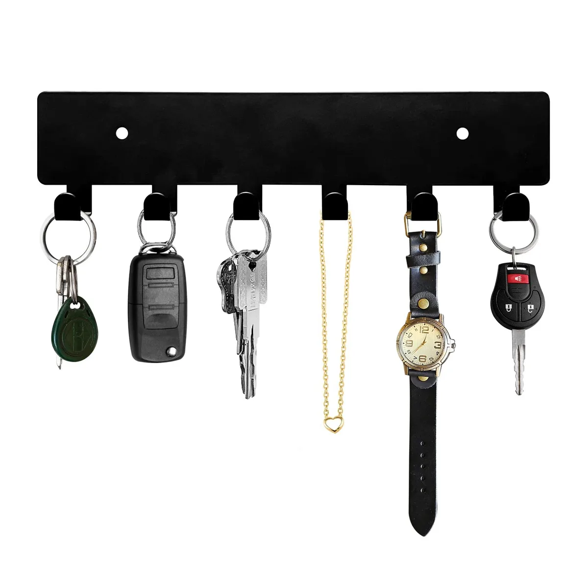 Matte black metal key holder with six right-angle hooks, 8.9 inches long