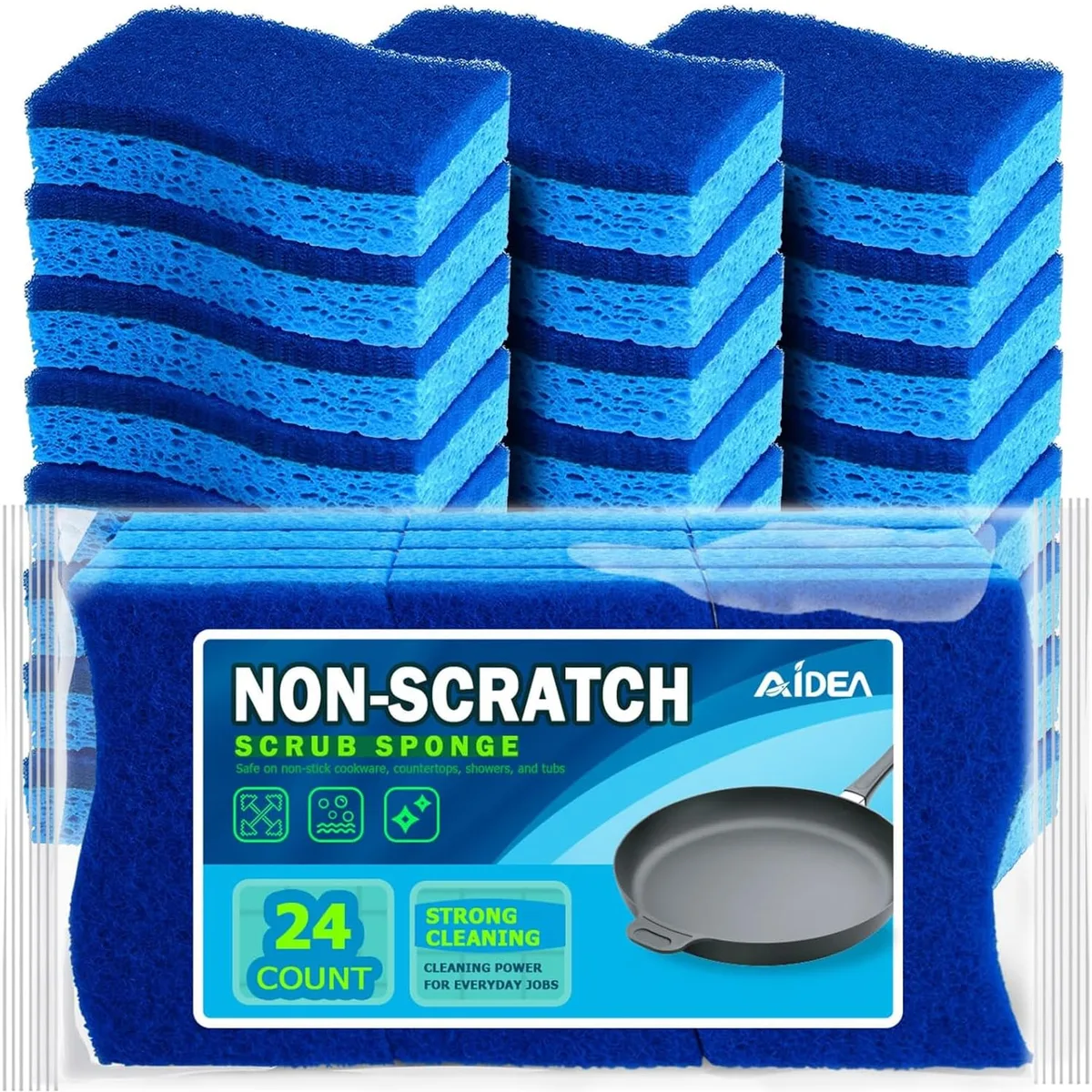 Rectangular pack of 24 yellow and green dual-sided sponges with S-shaped ergonomic grip
