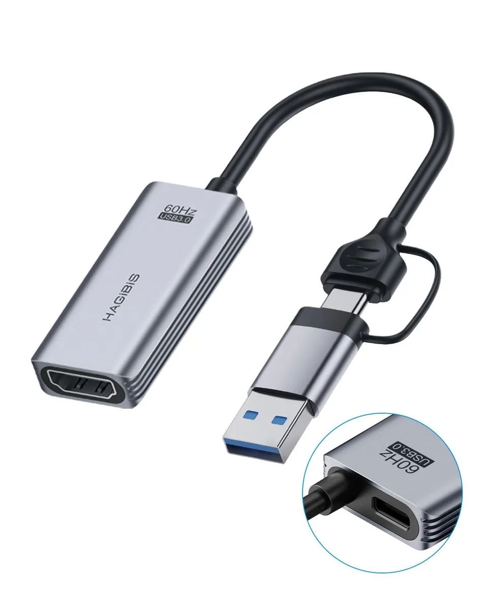 Small black rectangular USB-C capture dongle with HDMI port and dual USB plugs