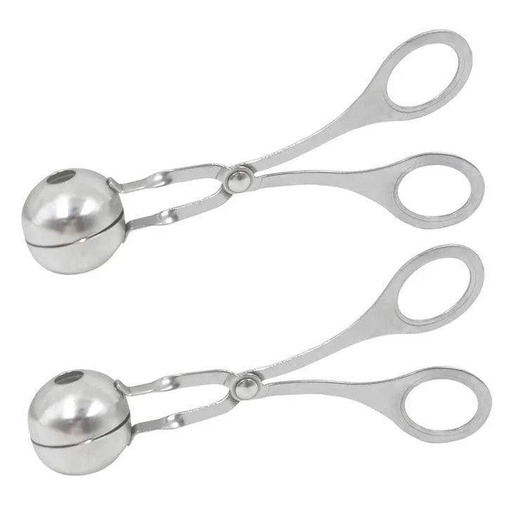 Two stainless steel meat baller tongs, 1½ inch scoop, smooth finish