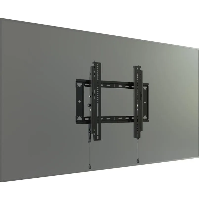 Black low-profile tilt wall mount for 32 to 65 inch displays with open wall plate and magnetic pullcords