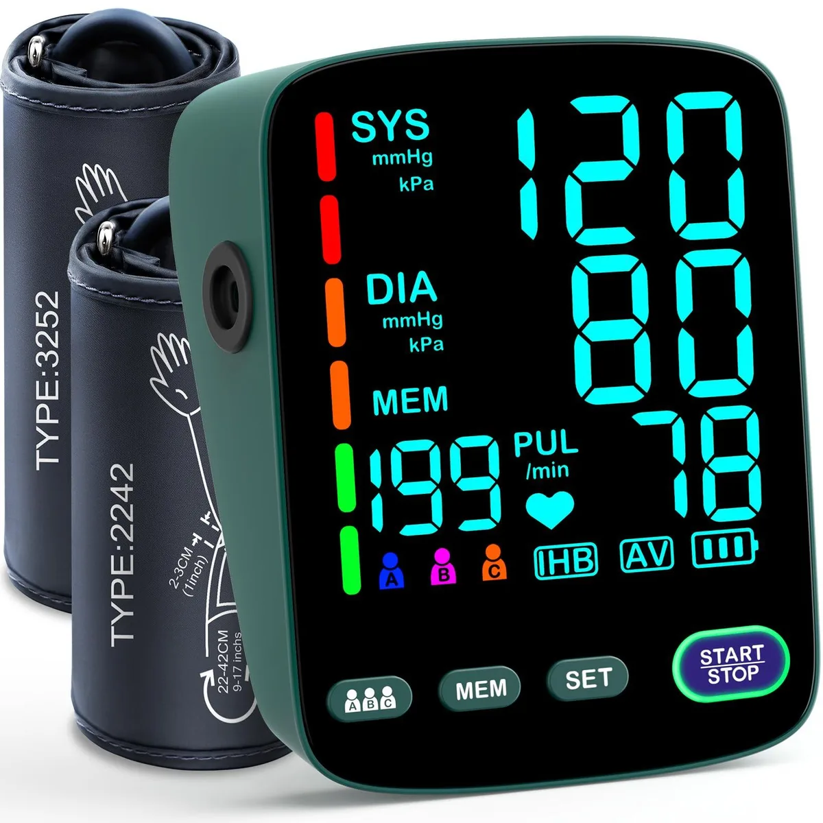  FIYES A02-E Blood Pressure Monitor 2 Cuffs 9-17" 13-21" 199 Memory 5.9" Display — product photo