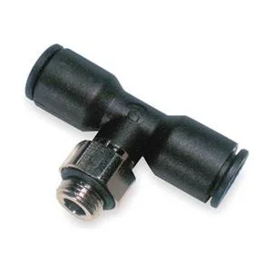 Black push-fit tee fitting with two 10 mm tube ends and a threaded branch