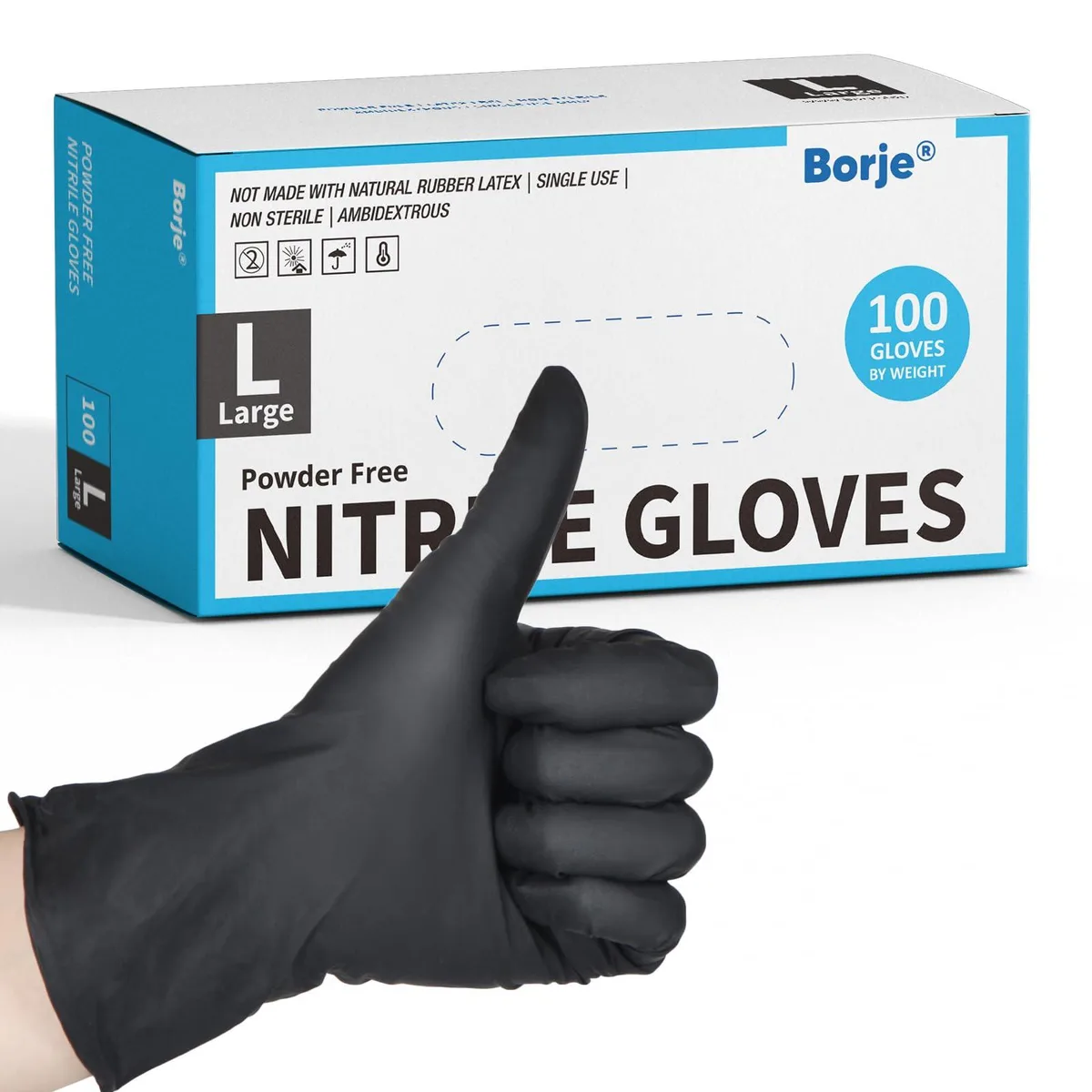 Black disposable nitrile gloves in a dispenser box, 100 count
