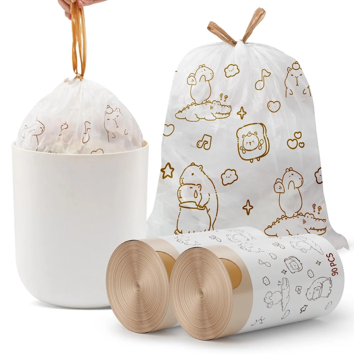 White 4 gallon HDPE trash bags with printed pattern, pack of 180