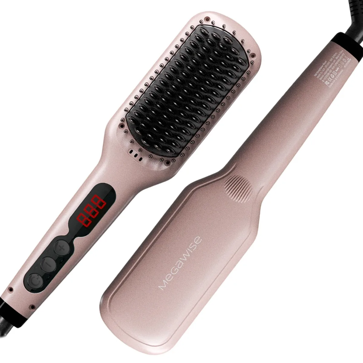 Black ionic straightening brush with heat-resistant bristles and temperature controls