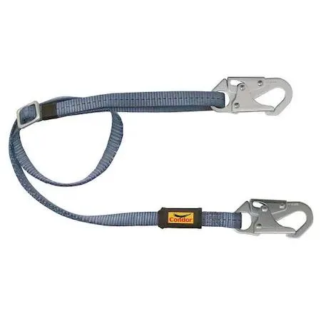 Blue adjustable positioning lanyard with steel snap hooks, four to six foot length