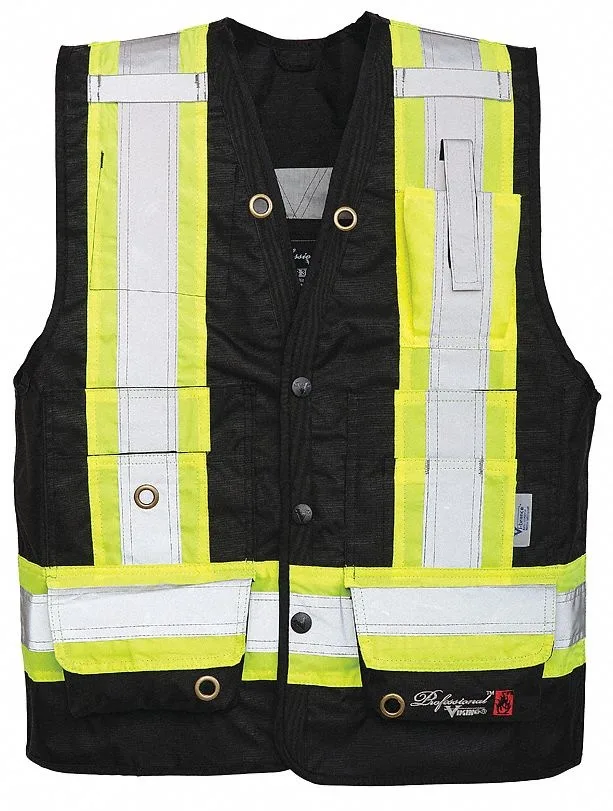 Black flame-resistant surveyor vest size L with mesh side vents, ID window and four pockets