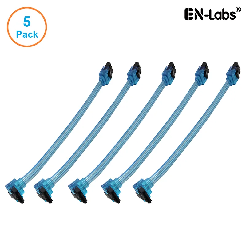 EN-Labs EN-Labs 5PKSATAIII25CMBL90 5-pack SATA cable UV Blue 10 inch 90-degree locking latch — product photo