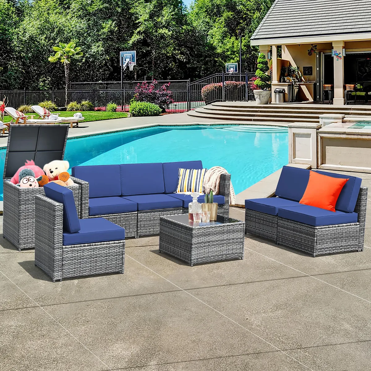 Navy wicker rattan sofa set with steel frames, tempered glass coffee table and storage box, plus cushions