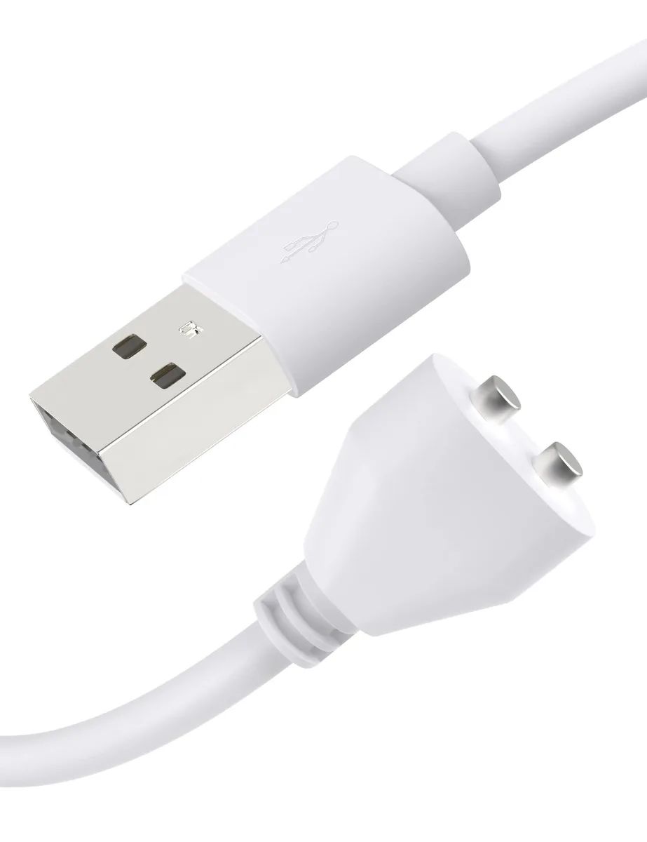 White magnetic USB charging cable with two 3mm contacts spaced 6mm apart, 2.6ft long