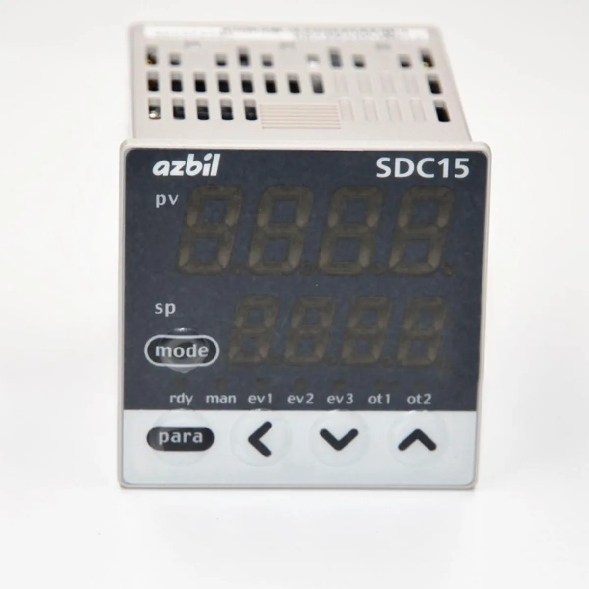 Red rectangular temperature controller with digital display