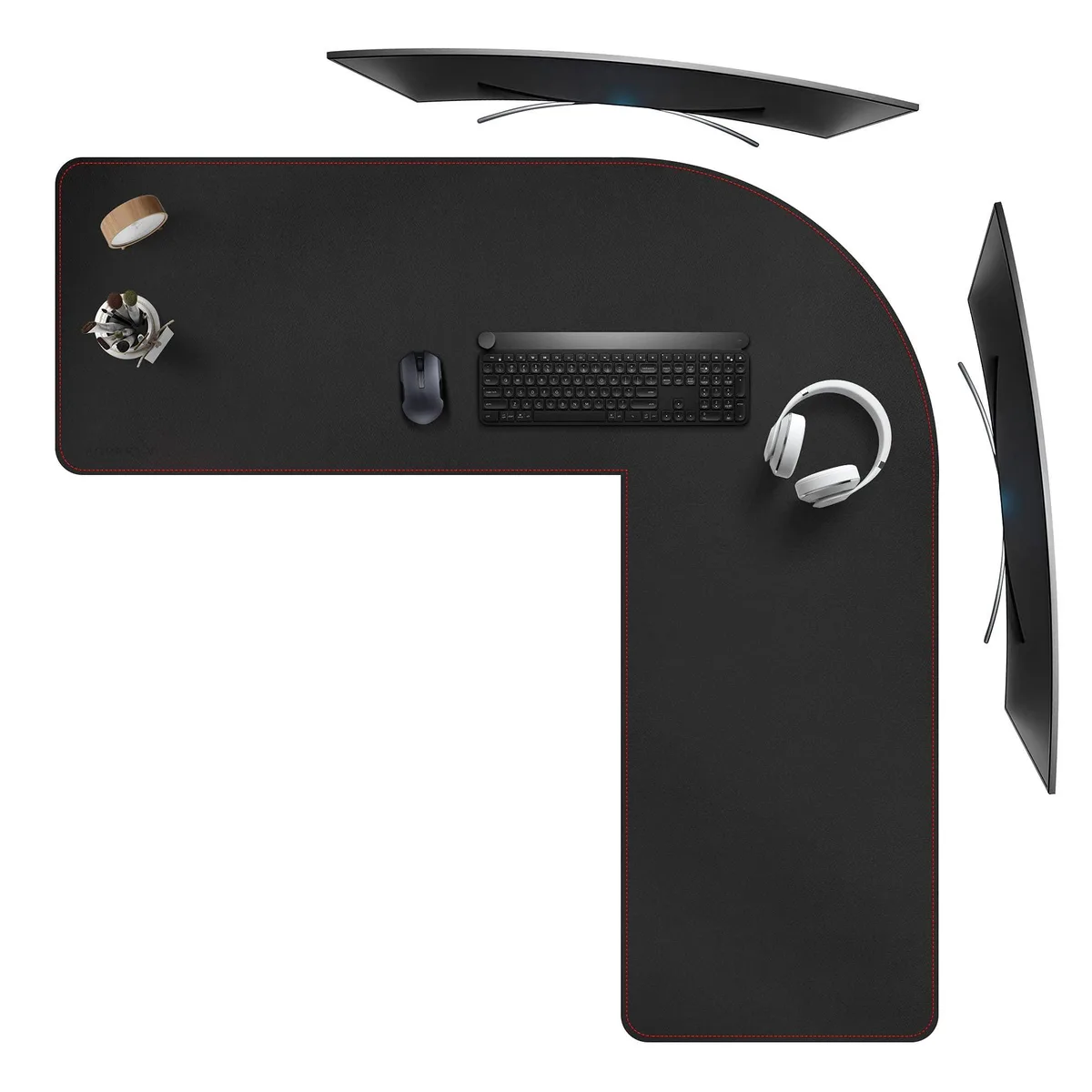 Black L-shaped PU leather desk mat, 47 inch sides, 15.7 inch depth, 2mm thick