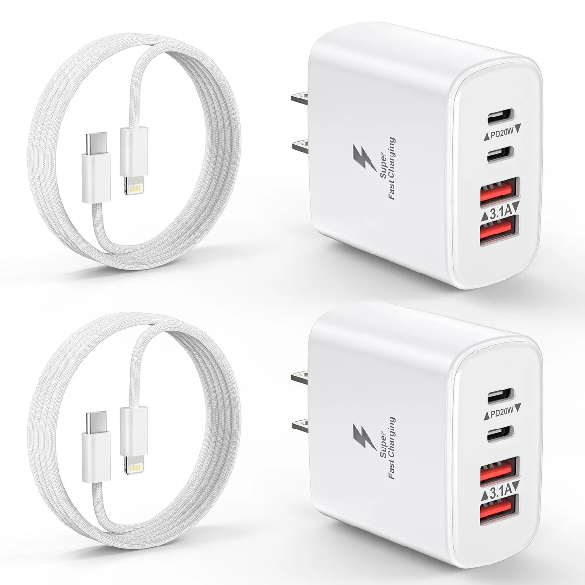 KEHIPI KEHIPI OFS-PD569 2-pack 40W 4-port USB charger with 2-pack 6ft USB-C to Lightning cables — product photo