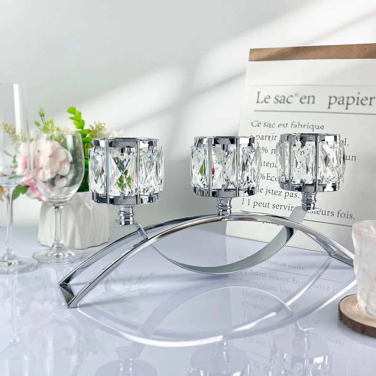  Baldwin 3-arm Arched Crystal Candle Holder Silver 15.8 in x 2.9 in x 7.3 in — product photo