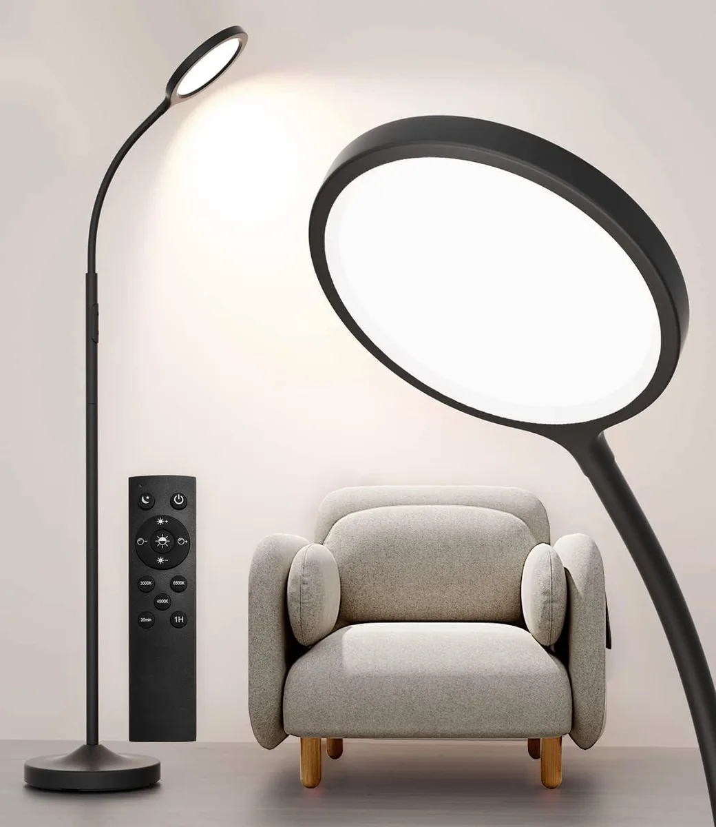 Black floor lamp with adjustable gooseneck and magnetic remote control