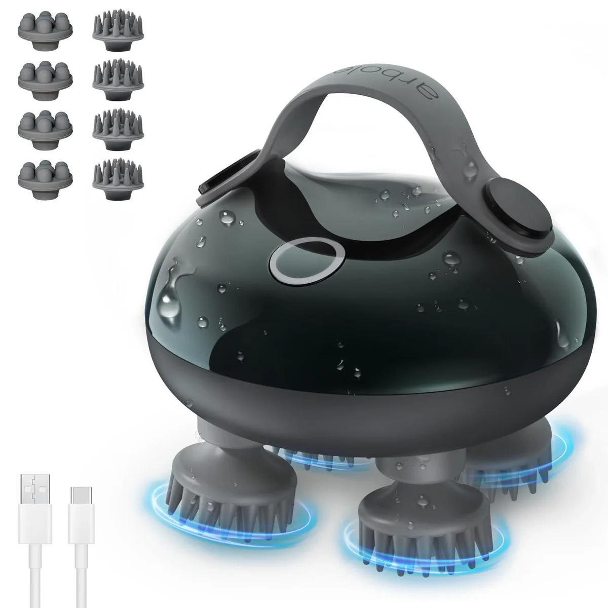 Black electric scalp massager with 128 nodes IPX7 waterproof