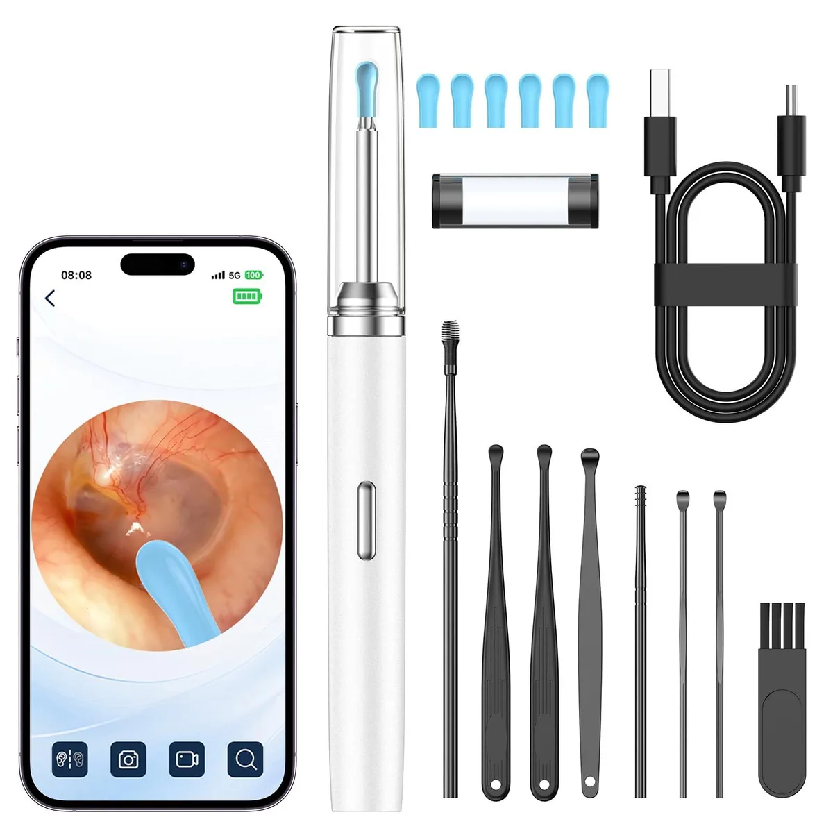 White ear-cleaning pen with 1080p camera tip and six silicone spoons