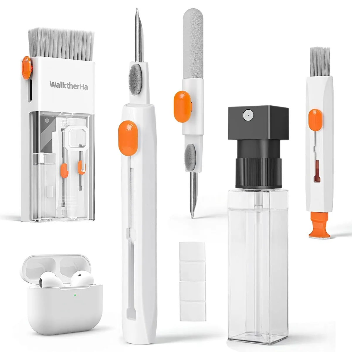 Compact cleaning kit box with metal tip brush flocking sponge spray bottle cloth putty tools inside