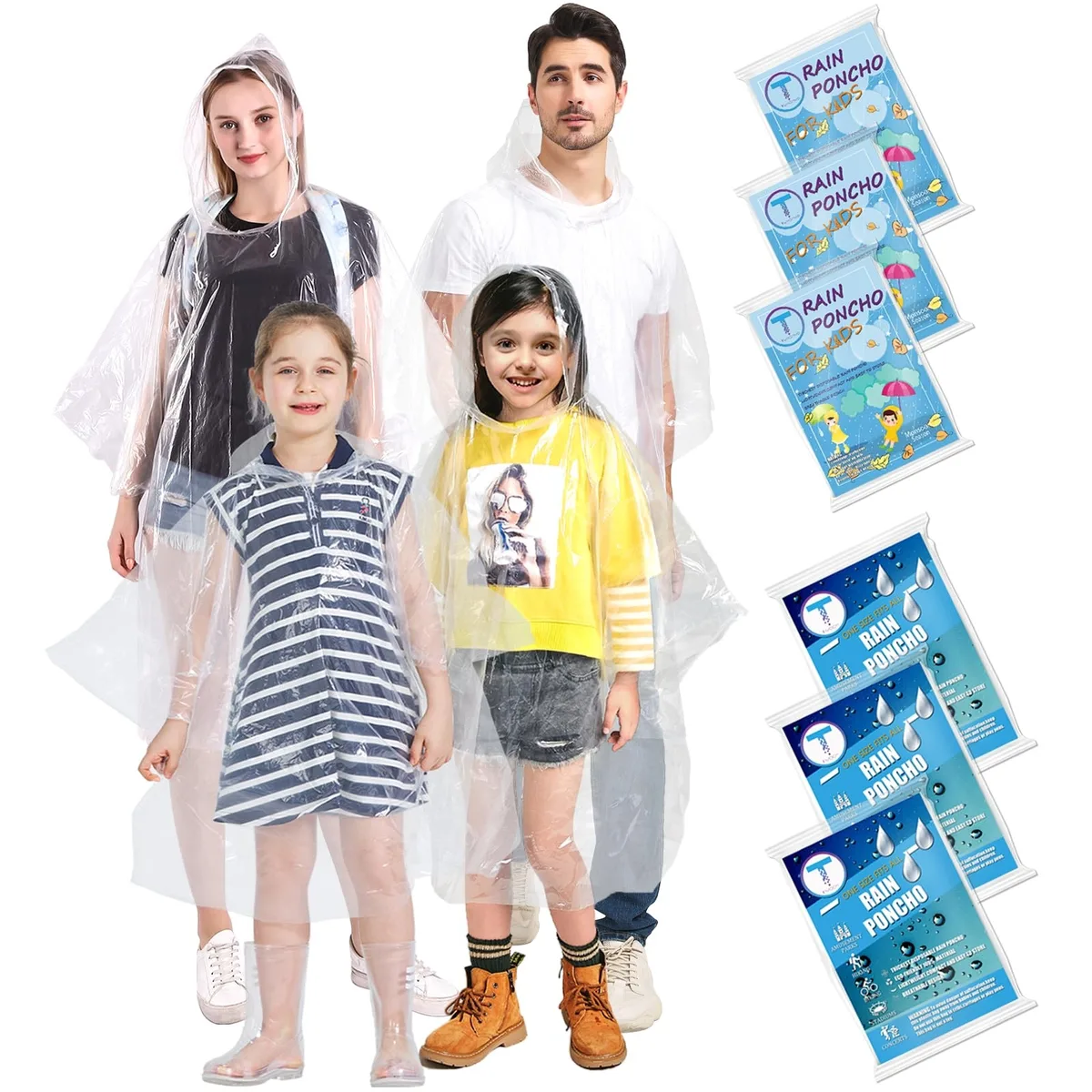 TUNCHMO Disposable Rain Ponchos Family 6 Pack Blue 0.035mm — product photo