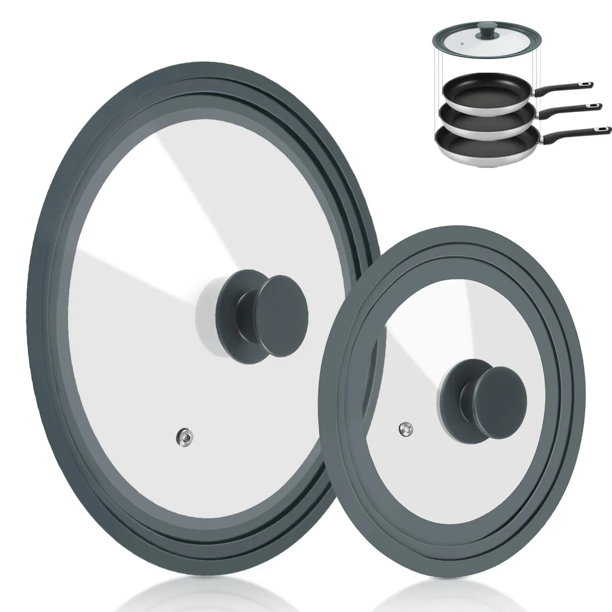 Two gray silicone-rimmed tempered glass lids with steam vents and anti-slip knobs