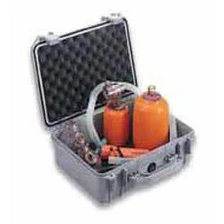 Silver watertight hard case with double-throw latches and rubber handle