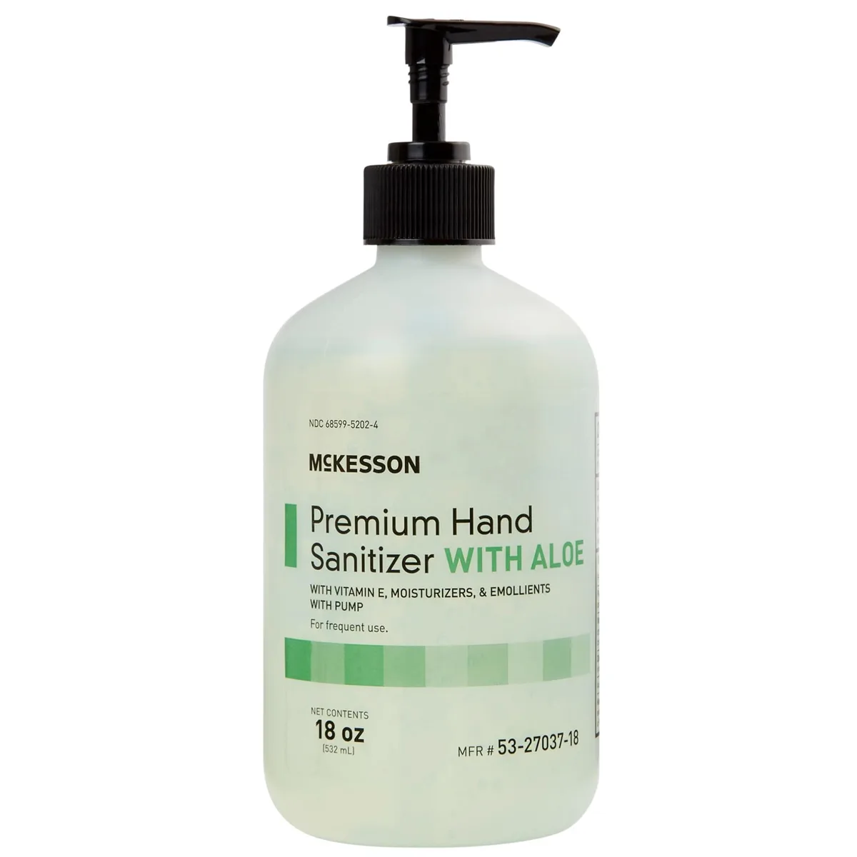White 18 oz pump bottle of McKesson hand sanitizer with aloe, 70% ethanol