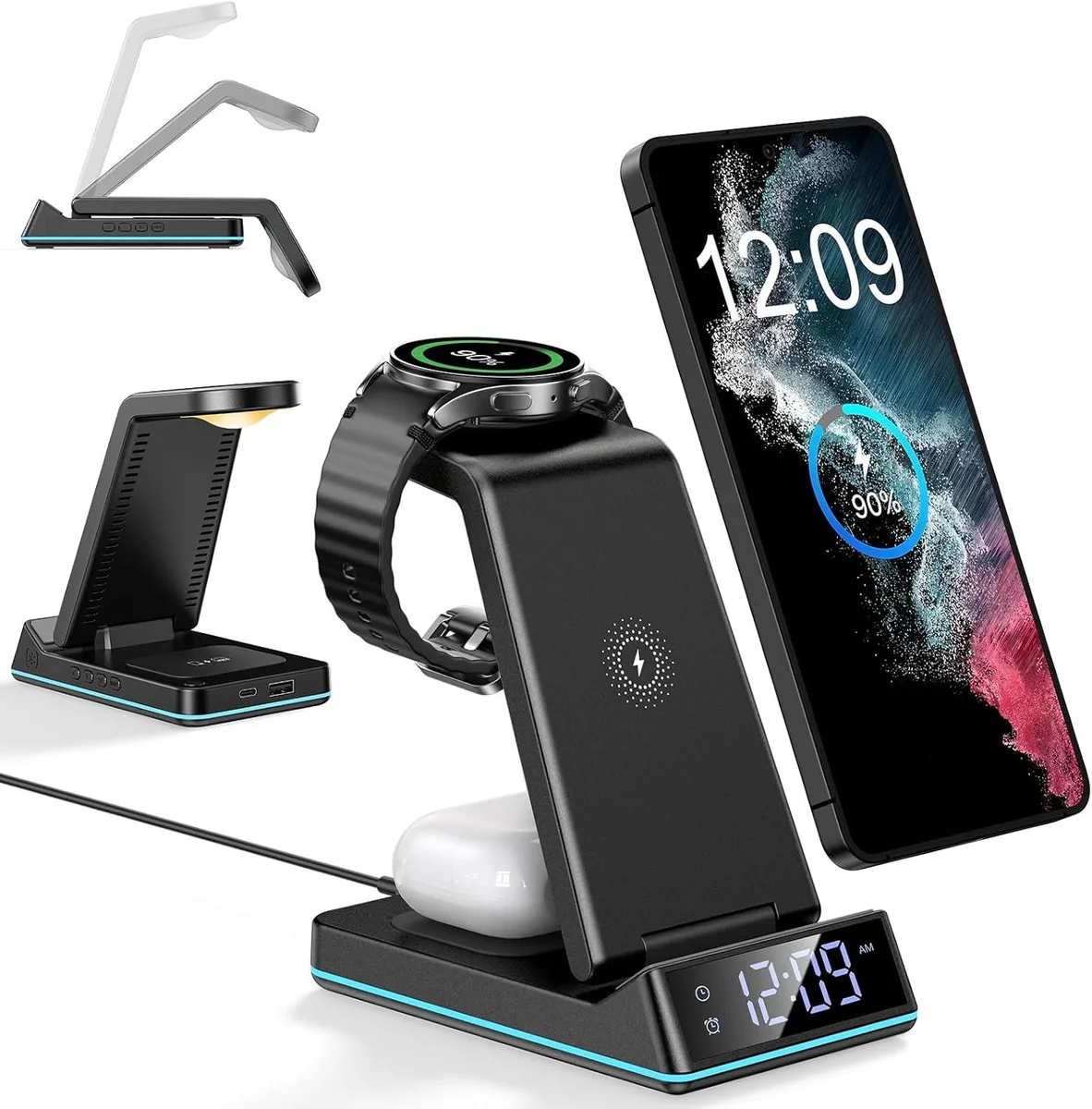 Luisport Luisport 7-in-1 Foldable Wireless Charger 15W Night Light Alarm Clock — product photo