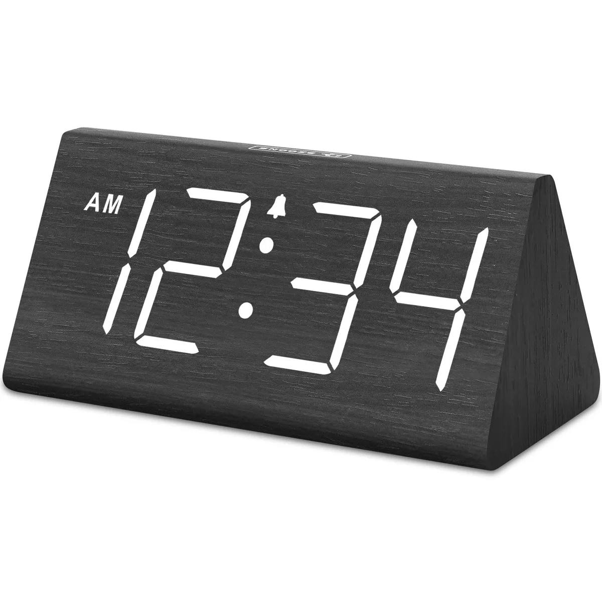 Black rectangular wooden digital alarm clock with large 1.8 inch display and USB port on side