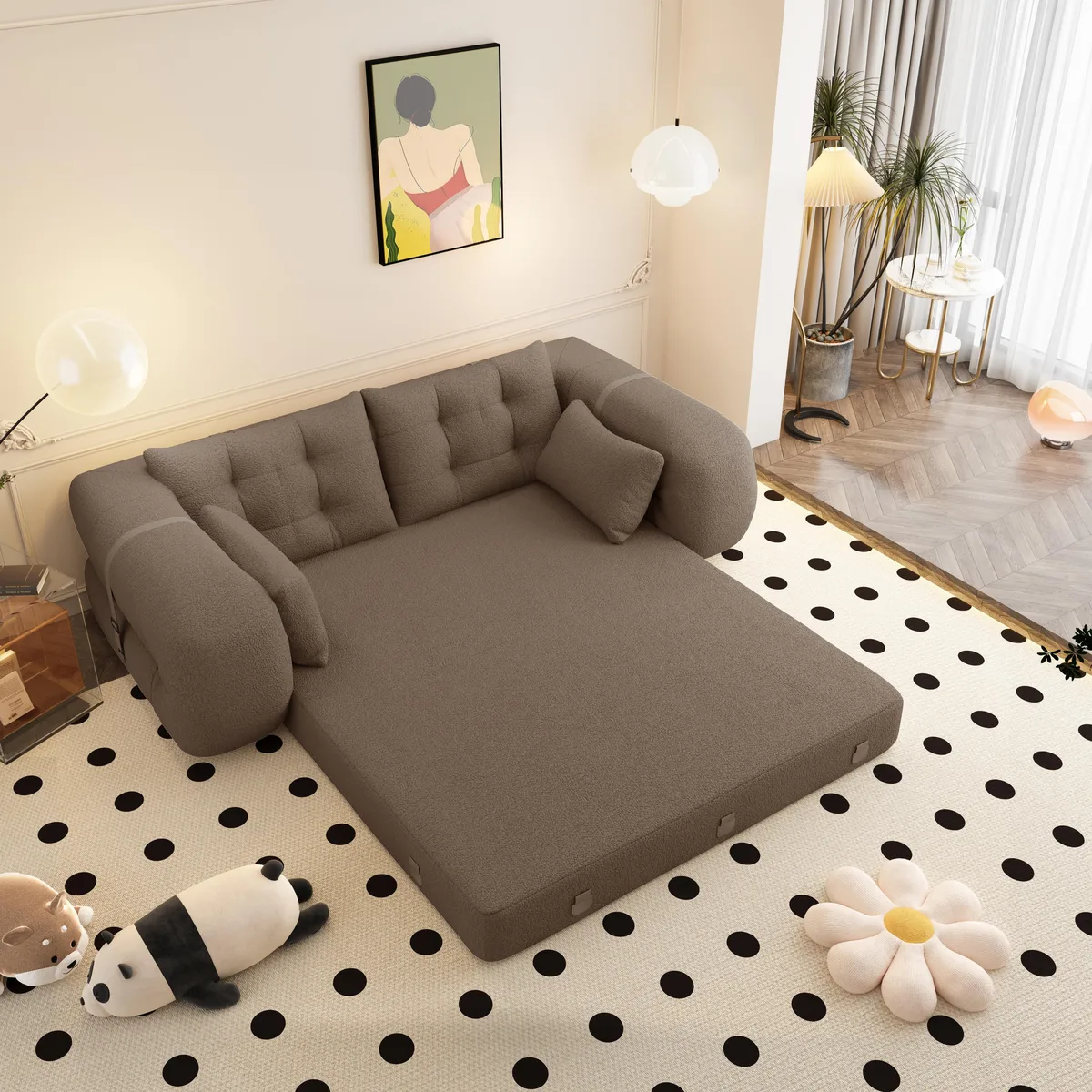 Brown teddy fabric foldable sofa bed with pillows, 78.7 inches