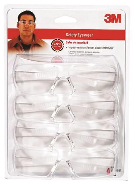 Four clear wraparound safety glasses in a contractor pack