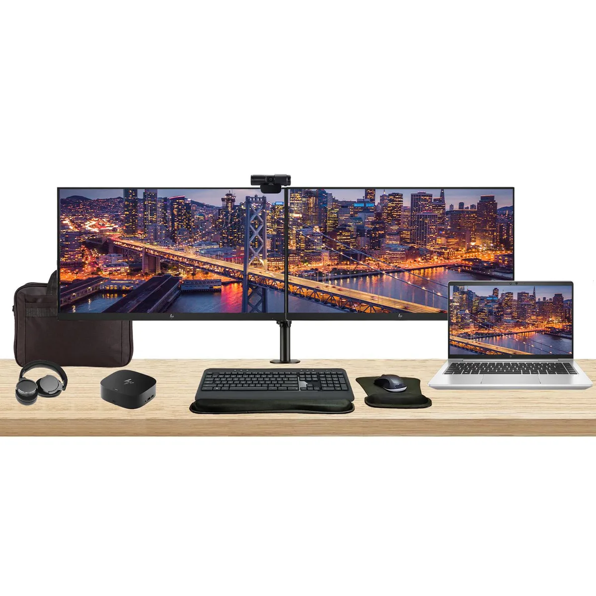 HP HP EliteBook 640 G10 i5-1335U 8GB 256GB SSD bundle with dual 27" monitors, dock, peripherals — product photo