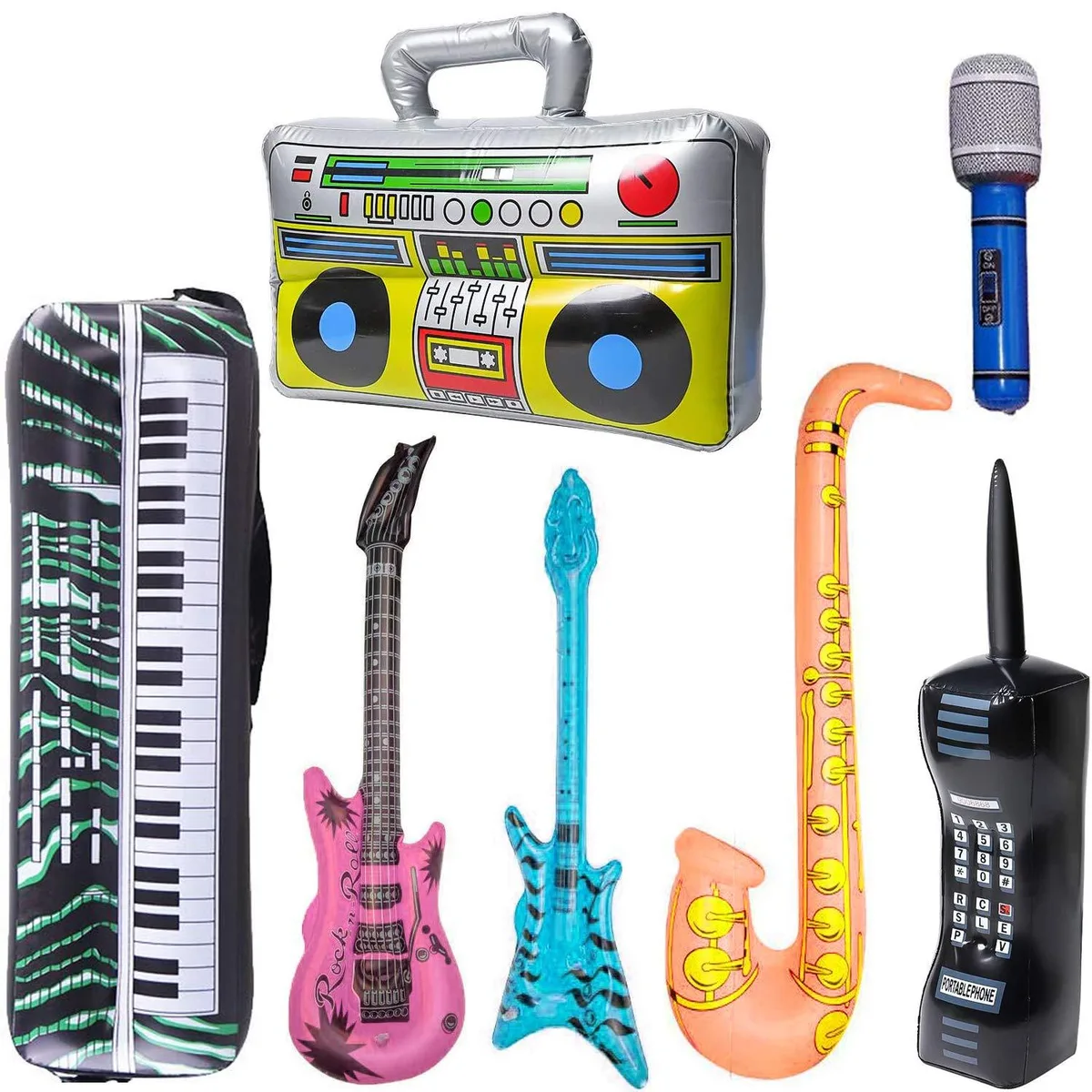 Seven colourful inflatable rock-star props including guitar, saxophone, boom box, piano, bass, microphone and mobile phone