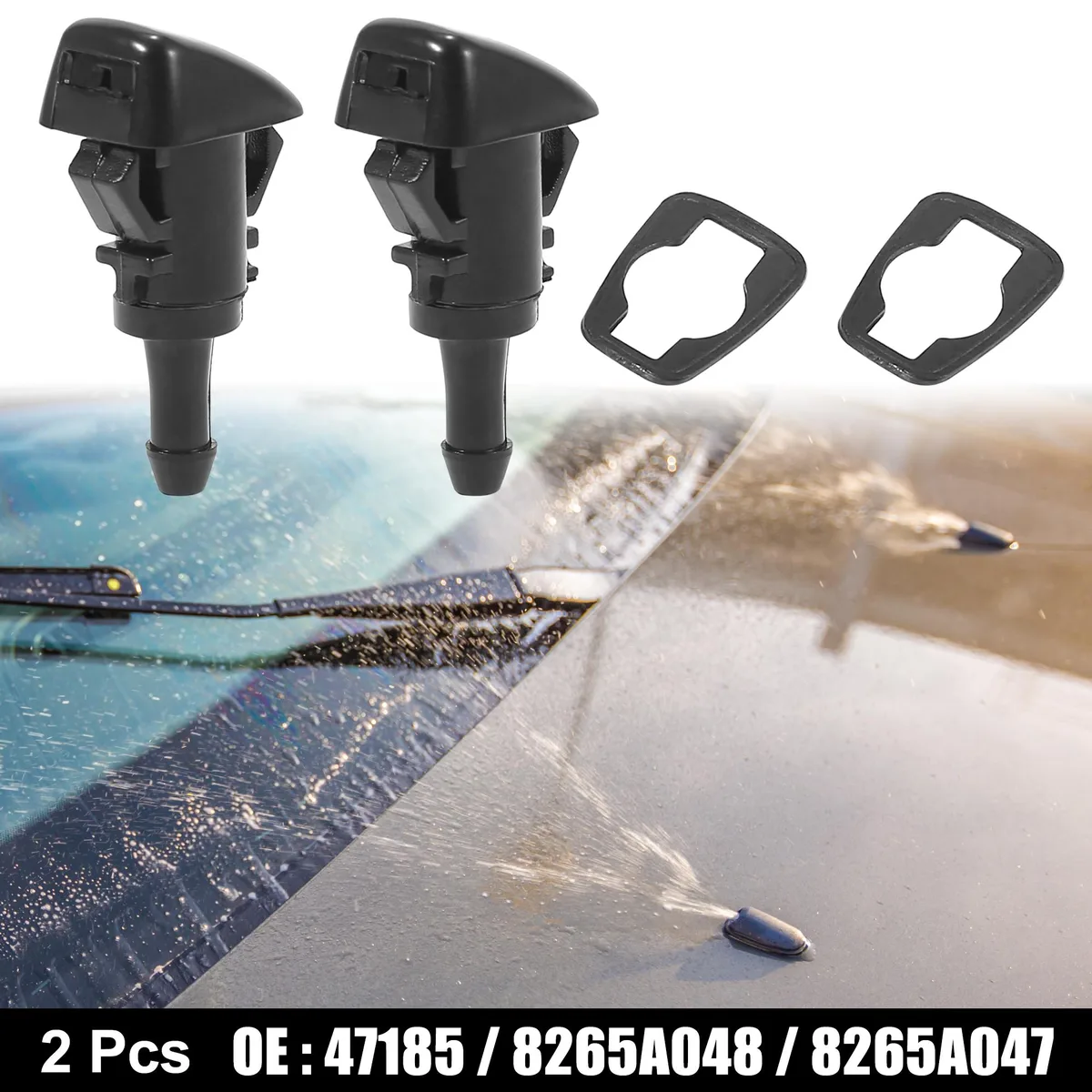 Two black plastic windshield washer nozzles with gaskets