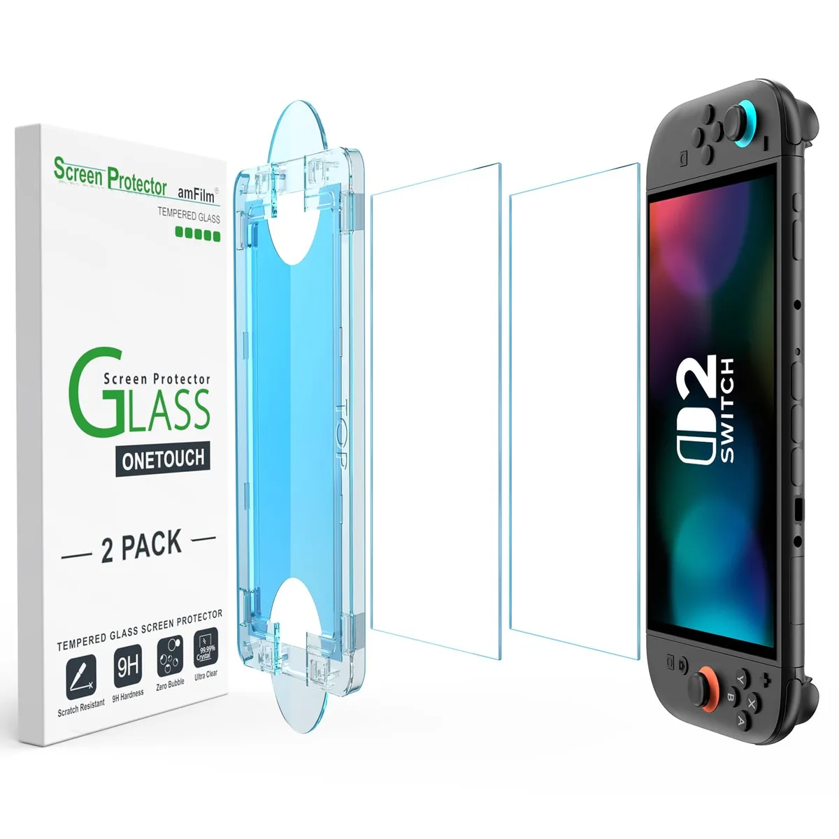 Two transparent glass screen protectors with alignment frame for Nintendo Switch 2